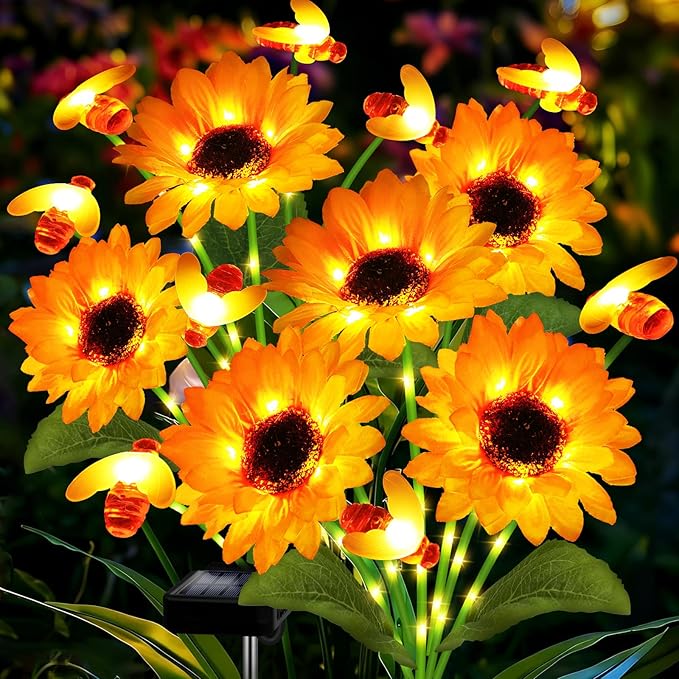 Solar Garden Lights 2 Pack Solar Swaying Bee Lights with Sunflowers, Gifts for Mom Women Mothers Day, Waterproof Firefly Flower Light for Outdoor Decor,Decoration for Patio Yard Landscape