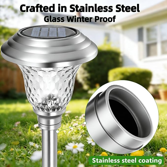 BEAU JARDIN 8 Pack Solar Pathway Lights White+ Color Changing Stainless Steel 3 Mode Outdoor Multicolor Metal Solar Powered Waterproof Glass for Garden Landscape Path Yard Walkway Driveway Silver