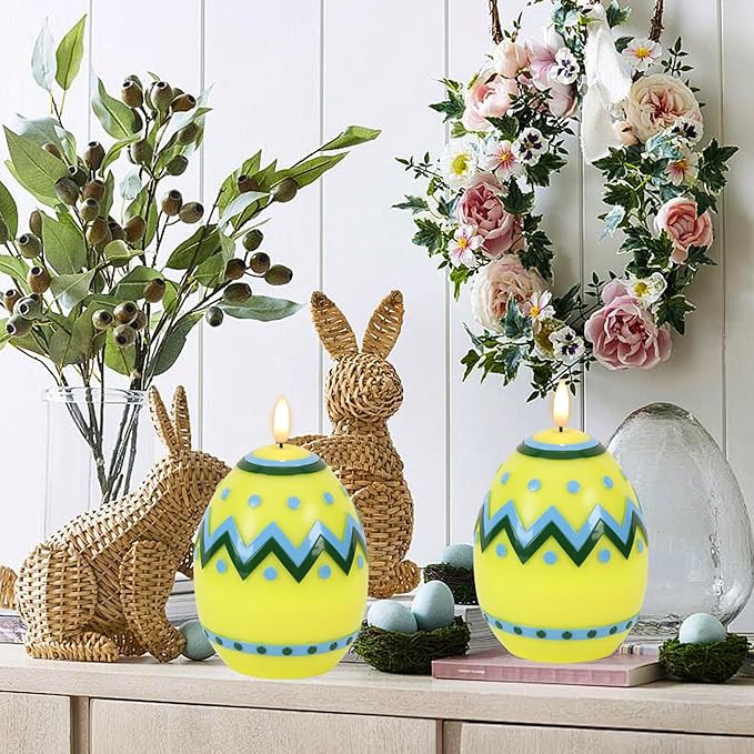 DRomance Easter Flameless Candles Battery Operated with 6 Hour Timer Battery Operated Real Wax Color Painted Easter Egg Shaped LED Flickering Candles Dinner Spring Holiday Decor(Yellow, 2.4"D x 6.3"H)
