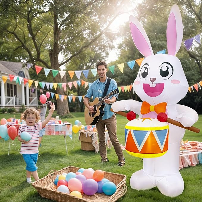 OurWarm 8FT Easter Inflatables Outdoor Decorations, Drumming Inflatable Easter Bunny Decor with Built-in LED Lights, Easter Bunny Blow up Inflatable for Outside Garden Lawn Holiday Party Yard Decor