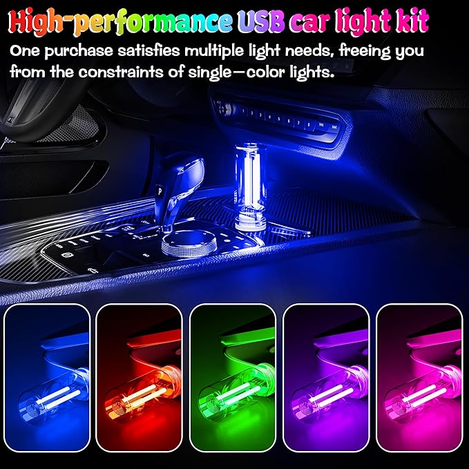 4 PCS Car USB Light Blub, Plug-in LED Ambient Lighting with Touch Dimming. The Brightness Can Be Adjusted Making It for Cars, Bedrooms, Hallways (4 Blue)