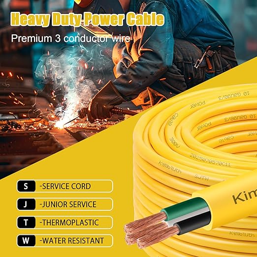 SJTW 12/3 Wire 50FT Heavy Duty Copper Wire, 12 Gauge 3 Conductor Outdoor Extension Power Cable for Battery, Automotive， Motor, Industrial