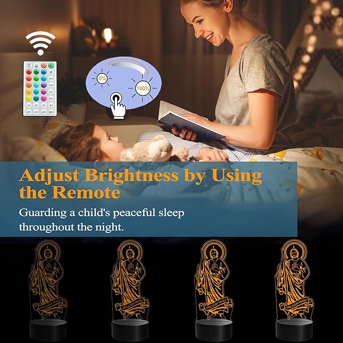 San Judas Tadeo Night Light, Judas Tadeo Decor, 3D Illusion Lamp with Remote Control, 16 RGB Colors, 4 Flashing Modes, Timer, Kids Room Decor