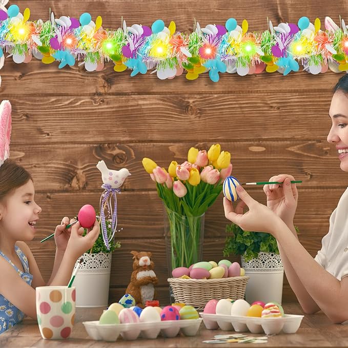 Chuangdi 16.4 ft Easter Tinsel Garland with LED String Light Easter Egg Twist Metallic Wire Tinsel Garland Foil Hanging Decor, Colorful, Colorful Light
