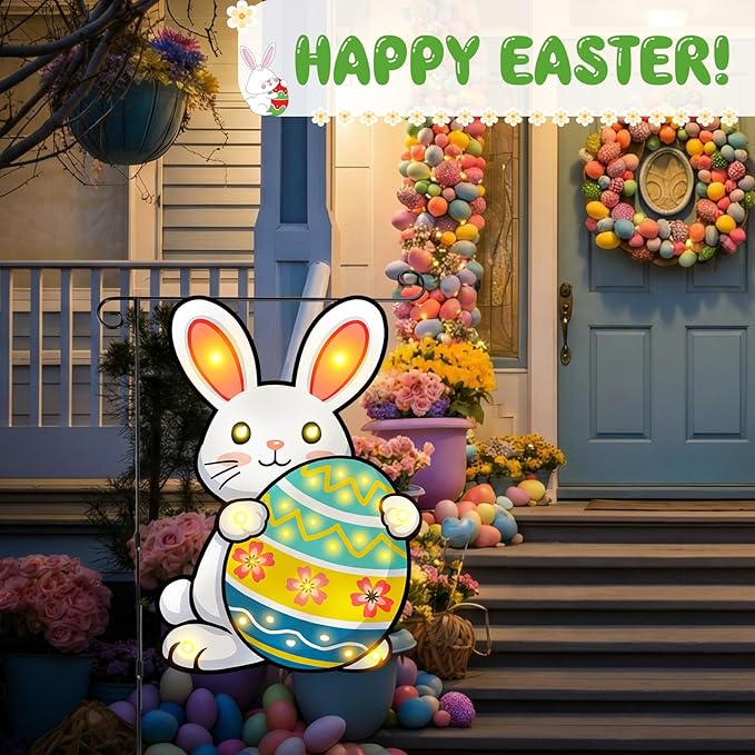 VIHOSE Easter Garden Flag for Outside, 12 x 18 Inch Solar Easter Garden Flag, 8 Modes LED Rabbit Yard Flags Lighted Egg Double Sided Outdoor Banner for Courtyard Lawn Decoration