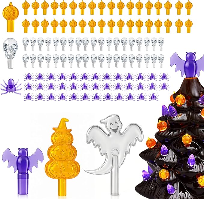 Halloween Ceramic Tree Replacement Light Bulbs Set, Halloween Themed, 117Pcs Skull/Pumpkin Head/Spider Ceramic Tree Replacement Bulbs and 1 Bat/Triple Pumpkin/Ghost Top Trim