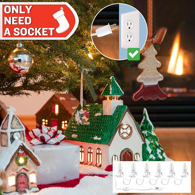 Christmas Village Lights-C7 Blow Molded Light Cord wth 6 LED Bulbs Length 12 Feet.Suitable for Christmas House, Halloween Pumpkin, Salt Lamps，Holiday Lighting Etc（2Pcs）