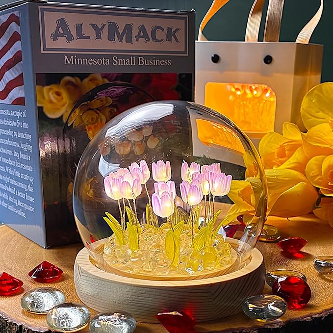 Tulip Lamp Glass Globe - Illuminated Flower Lamp with Glowing Blooms on Wooden Base - Battery-Powered Decorative Night Light for Bedroom, Living Room & Home Decor