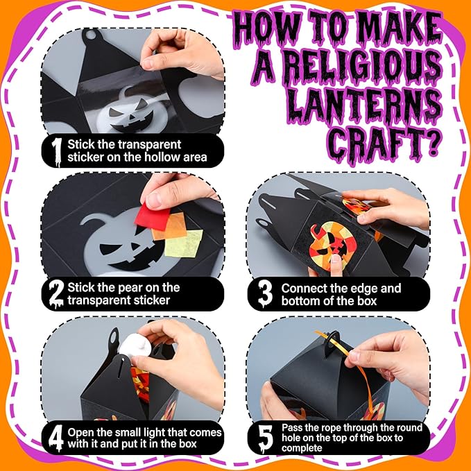 12 Sets Halloween Jack-O-Lantern Crafts with LED Candlelight Jack-o-Lantern Tissue Paper Crafts Kits DIY Pumpkin Suncatchers Lanterns Kits Hanging Spooky Supplies for Halloween Party Decors