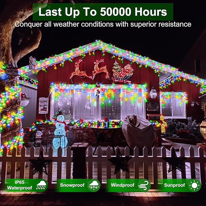 1296 LED Outdoor Christmas Lights with 288 Drops, 131FT ChristmasLights with 8 Modes Timer, Christmas Twinkly Lights IP44 Waterproof for Eaves Yard Room Holiday Wedding Party Decor (Multicolor)