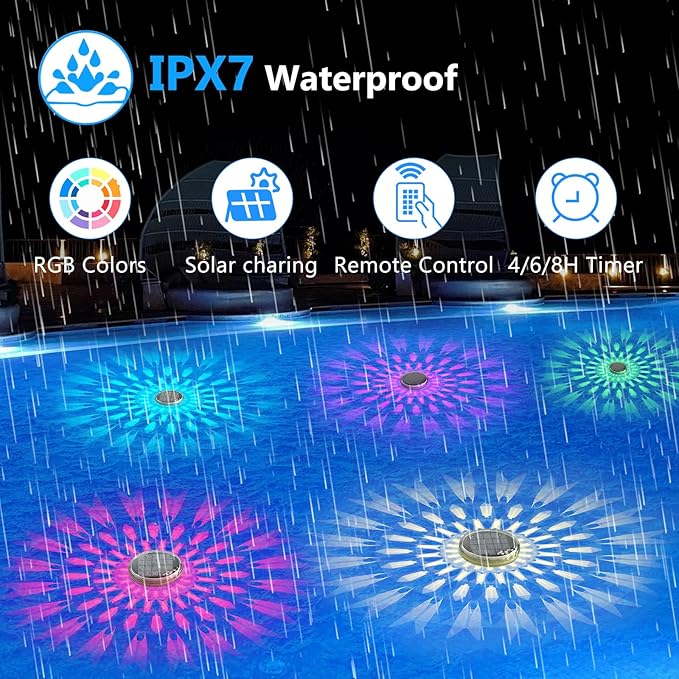 Solar Rechargeable Floating Pool Lights(4 Pack), Pool Lights That Float with Remote Control, 9 Lighting, Timing Mode, IPX7 Waterproof for Inground Pool, Bathroom, Bathtub, Pool Party