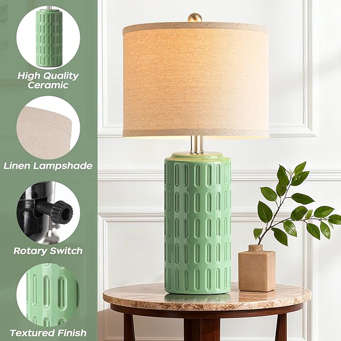 PARTPHONER 23" Farmhouse Modern Ceramic Table Lamp Set of 2 - Green Bedside Lamps for Bedroom & Living Room, Nightstand, Desk, End Table