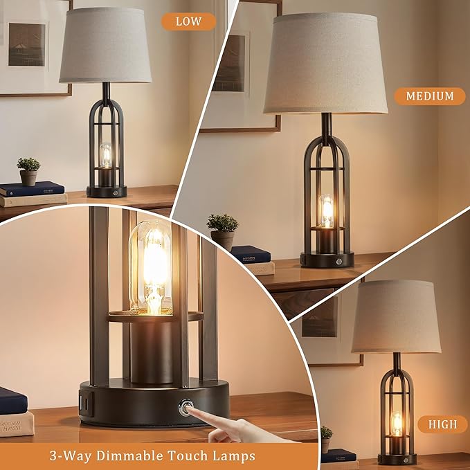 24" Table Lamps for Living Room Set of 2, Farmhouse Industrial 3-Way Dimmable Touch Bedside Lamps with USB A+C for Bedroom Nightstand，4 Bulbs Included