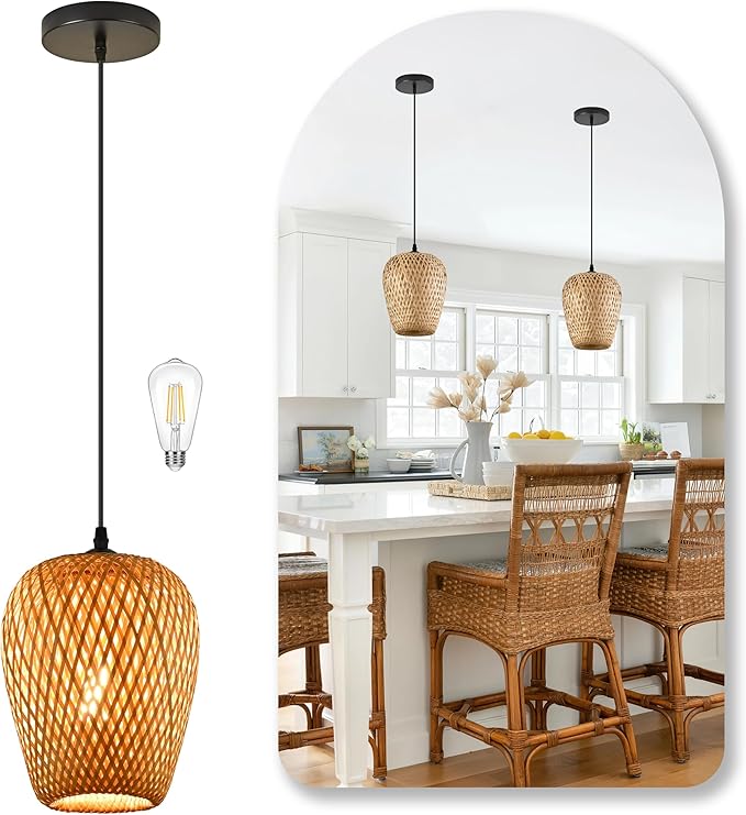 Wicker Pendant Lights Bamboo Pendants Light Boho Chandelier Rattan Pendant Wicker Light Fixture Woven Pendants Lights for Kitchen Island Living Room Dining Room (Bulb Incl.)
