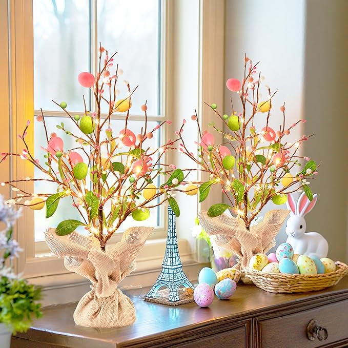Vanthylit Easter Decorations, 2 Pack Easter Tree with Eggs Artificial Battery Powered Tabletop Centerpiece Lighted Artificial Tree for Holiday Party Spring Home Decor