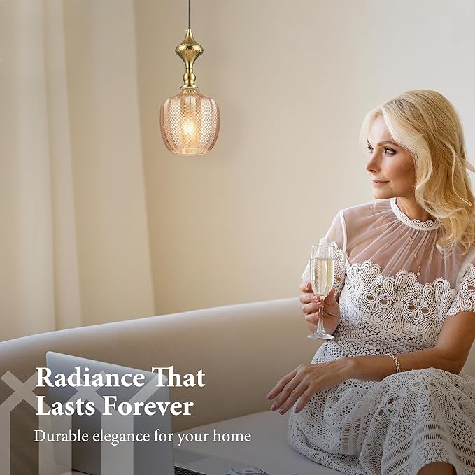 Modern Glass Pendant Light, 6.5"x14" Amber Sunset-Striped Hanging Fixture with Gold Cap, 15"-72" Adjustable Line, E26 Socket for Dining Room or Lounge – Sunset Gold Bordeaux