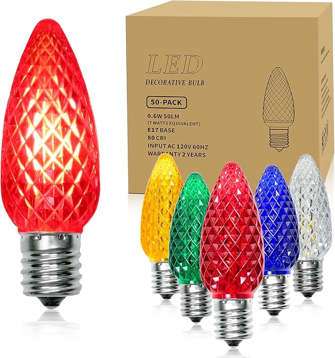 C9 LED Christmas Light Bulbs, Shatterproof & Waterproof C9 LED Replacement Bulb, Color Holiday Decor Bulbs for Indoor & Outdoor Use, E17 Base (Multicolor 50Pack)