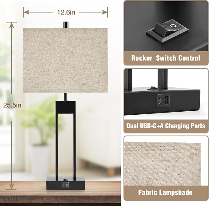 25.5’’ Nightstand Table Lamps for Bedrooms Set of 2, Bedside Lamp with USB C+A, 3 Colors Changeable Living Room Lamps for End Tables, Modern Night Stand Lamps for Bed Side Guest Room Office Reading