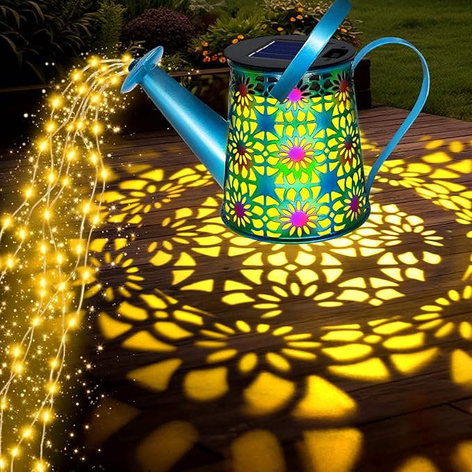 Solar Lights Outdoor Decorative, Blue Metal Solar Watering Can Lights Waterproof, Gifts for Women Mom Grandma Birthday, Hanging Lantern Decoration Garden Decor Yard Light for Outside Patio Lawn Porch