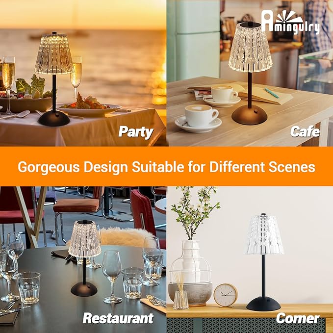 Cordless Table Lamp, 4000mAh Rechargeable Battery Operated Lamp, 3 Color Modes & Stepless Dimmable LED Touch Lamp, Portable Crystal Metal Beside Lamps for Bedroom Restaurant Outdoor(Black)