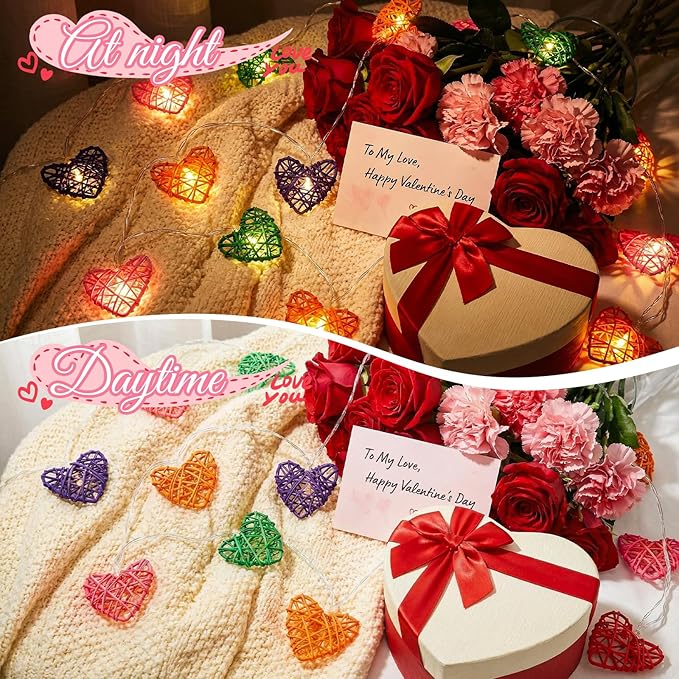 Heart String Lights for Wedding Birthday Party - 3D Hollowed Rattan 9.8ft 20 LED Candy Color Love Lights, Battery Powered, Multi-Color