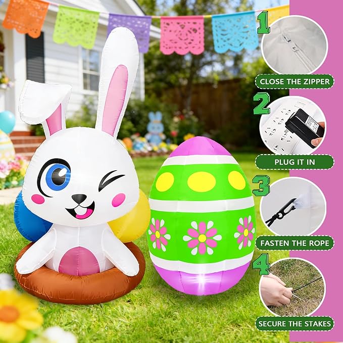 Dearsun Set of 2PCS, 4FT H Easter Inflatable Bunny and Egg, Outdoor Easter Egg Hunting Sign Decorations, Cute Easter Blow up Winking Bunny & Giant Egg, Yard Decoration with LED Lights for Party Decor