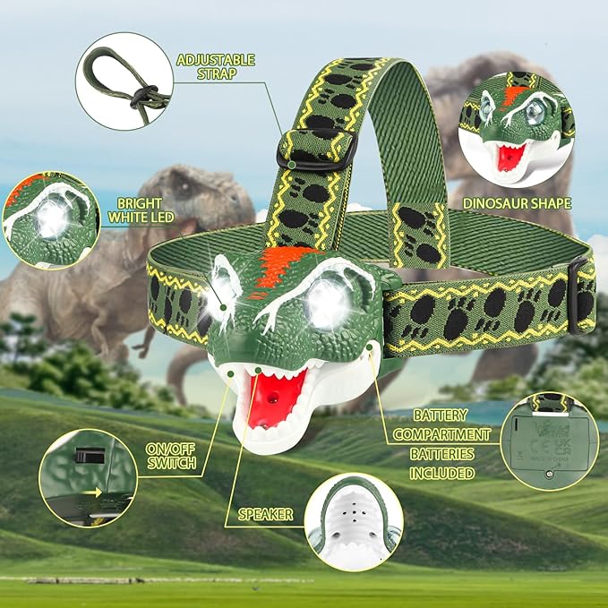 TIGTECGAME Dinosaur Headlamp for Kids Flashlight T-Rex LED Headlamps Dinosaur Toys Camping Gear, Gift for Toddlers Boys Girls Adults