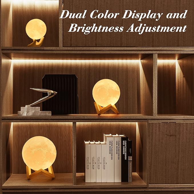 Mydethun Moon Lamp 3D Night Light - Valentine Gifts for Women, Mom & Kids, 5.9' Table Decor w/Wooden Base, Proposal Decororation w/Touch-Dimmable & USB Rechargeable, Dual-Color White/Warm Yellow