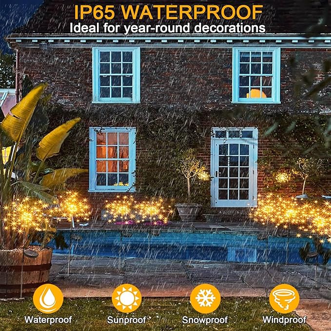 yowin Solar Fireworks Lights for Outside 2 Pack 120 LEDs Solar Garden Decor, 8 Modes Sparkler Light Outdoor Waterproof Starlit Starburst Lights for Yard Flower Bed Lawn Path Decorations - Warm White