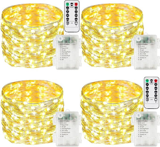 4 Pack Fairy Lights Battery Operated with Remote, 120LED 40FT Twinkle Lights Waterproof Outdoor Indoor Decor, 8 Modes Battery String Light Timer for Christmas Party Wedding Home DIY Décor(Warm White)