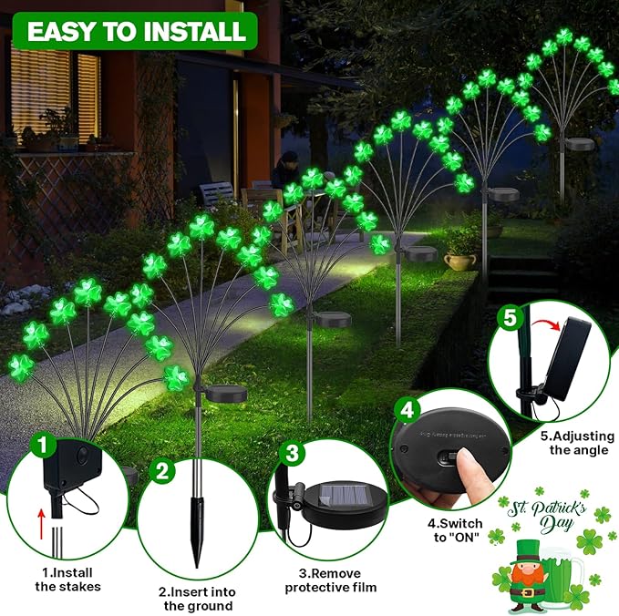St. Patrick's Day Shamrock Pathway Lights, 8 in 1 Lucky Clover Light with 2 Lighting Modes, Green Firefly Outdoor Decor Solar Powered Swaying Lights Decor for Lawn Yard Garden (Green - Shamrock)