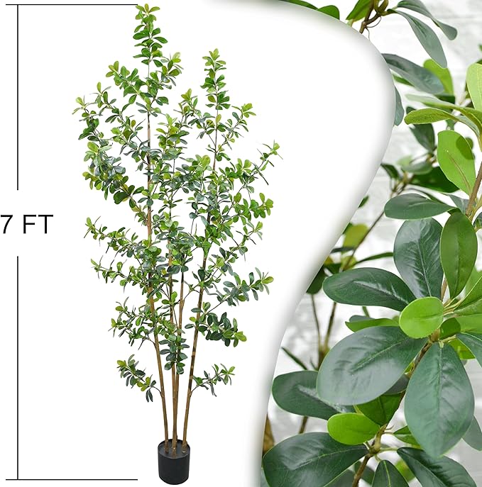 Premium 4 Main Trunks 7 ft Faux Black Olive Tree, Realistic Olive Trees Artificial Indoor, Low-Maintenance Fake Tree, Ideal Artificial Tree for Home Office Décor (Greens, 7 ft)