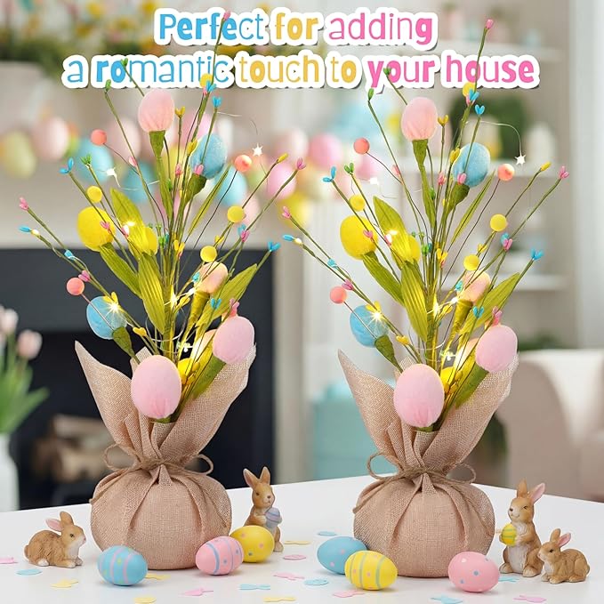 2 Pack 18 Inch Pre-lit Floral Easter Egg Tree Tabletop Decor, Detachable Battery Powered LED String Lights, Spring Centerpiece for Indoor Home Mantel Table Easter Party