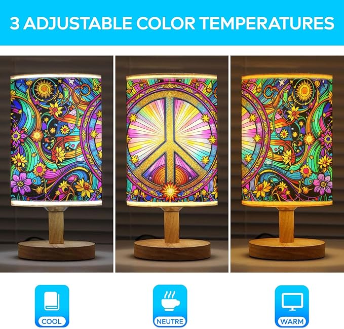 Hippie Table Lamp LED 3-Color Pressed Bedside, Hippie Shade Lamp with Wood Base for Bedroom Living Room Desk Office TL01