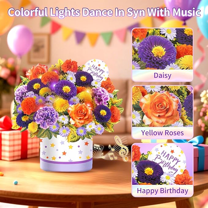 Birthday Cards, Happy Birthday Cards with Music & Lights, Daisy and Yellow Rose, 10 Inch Life Sized Forever Flower Bouquet Greeting Card Gifts for Wife Women Mom Grandma Sister
