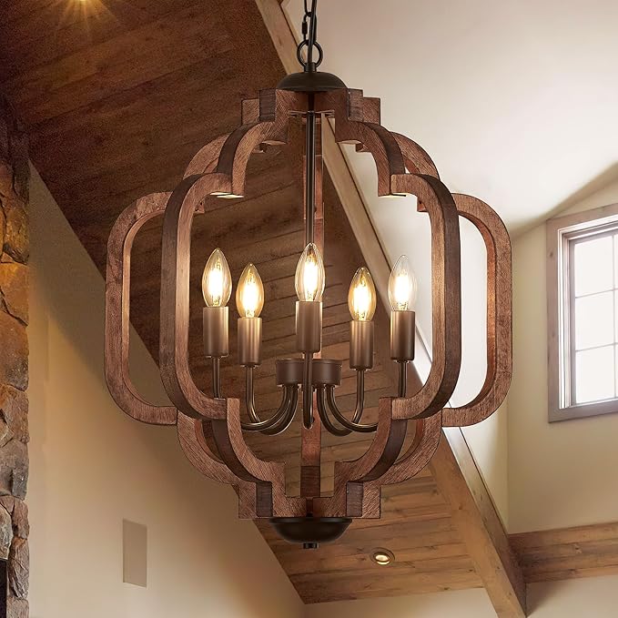 20.5" Farmhouse Vintage Chandelier 5-Light for Dining Room Rustic Handmade Wood Hanging Ceiling Pendant Light Fixture for Entryway Brown Retro Chandeliers for Kitchen Bedroom Foyer Hallway