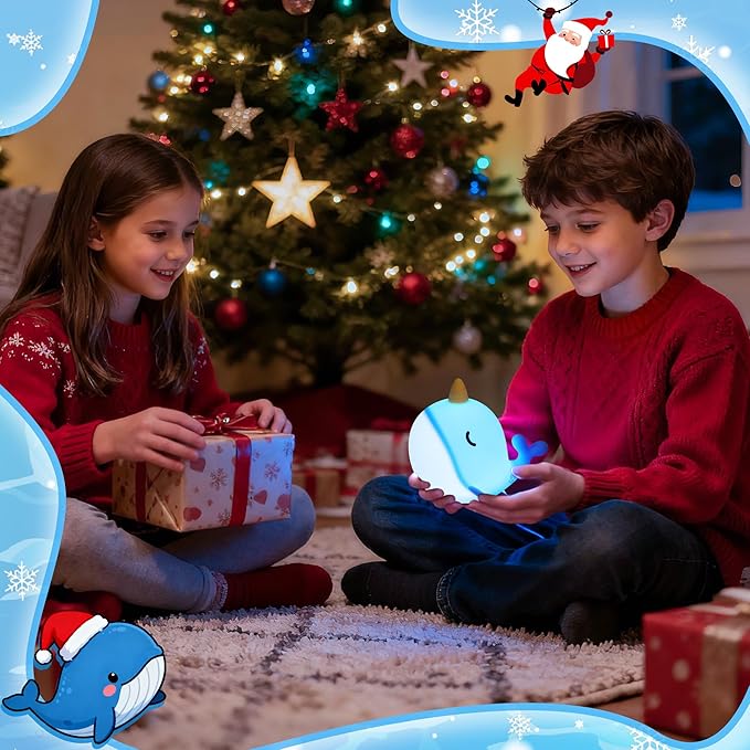 Blue Narwhal Night Light, Cute Squishy Silicone Lamp, Dimmable Touch Control Narwhal Gifts for Boys Girls, Ocean Animal Nursery Lamp for Birthday Christmas Decor