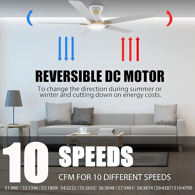 Smart Low Profile Ceiling Fan with Lights, DC 10 Speeds Smart Ceiling Fan with Remote, 3 Light Colors Dimmable Flush Mount, Compatible with Alexa, Siri & Google Home, 52 inches, White & Gold