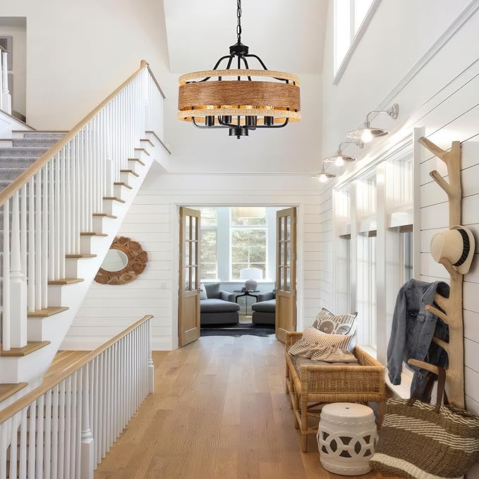 4-Light Farmhouse Boho Chandelier, 20" Wood Texture Woven Rattan Pendant Light, Adjustable Rustic Ceiling Fixture for Dining Room, Kitchen Island, Bedroom, Hallway, Office
