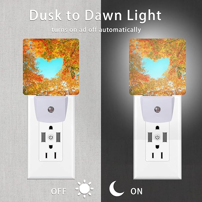 Blue Heart Sky Night Light,Autumn Red Maple Leaves Forest Trees Plug-in Night Lights with Dusk-to-Dawn Sensor for Stairway/Hallway/Bedroom Sleep Friendly Ideal for Women/Girls/Boys Gift,0.5W