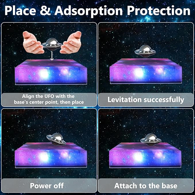 Levitating Floating UFO Lamp Lights, Magnetic Levitation Decor Display UFO, Unique Toy Gift for Desk,Room,Office, Rotating Illuminated UFO, RGB Galaxy Base, Touch Control