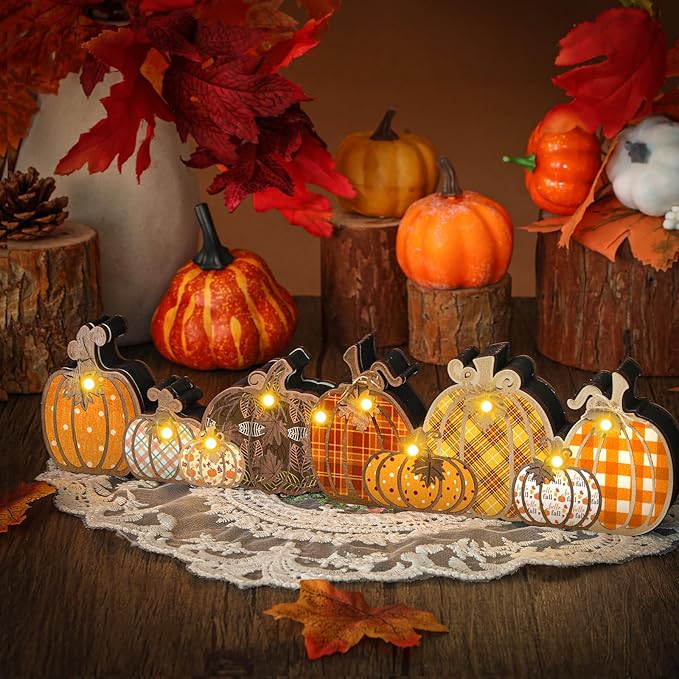 Yousoontic Thanksgiving Fall Pumpkin Decor Table Centerpieces Halloween Wooden Pumpkin Sign Decorations with LED Lights 3D Block Autumn Harvest Farmhouse Fall Decor for Home Mantel Desk Office Party
