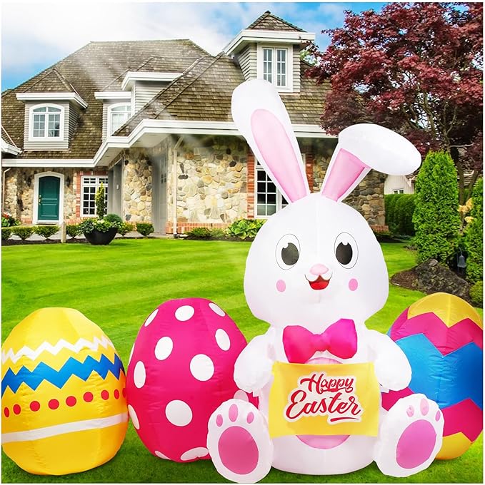 6FT Easter Inflatables Outdoor Decorations, Inflatable Bunny and Colorful Eggs Build-in 5 LEDs, Happy Easter Blow Up Yard Decorations for Home Holiday Party Outdoor Lawn Garden