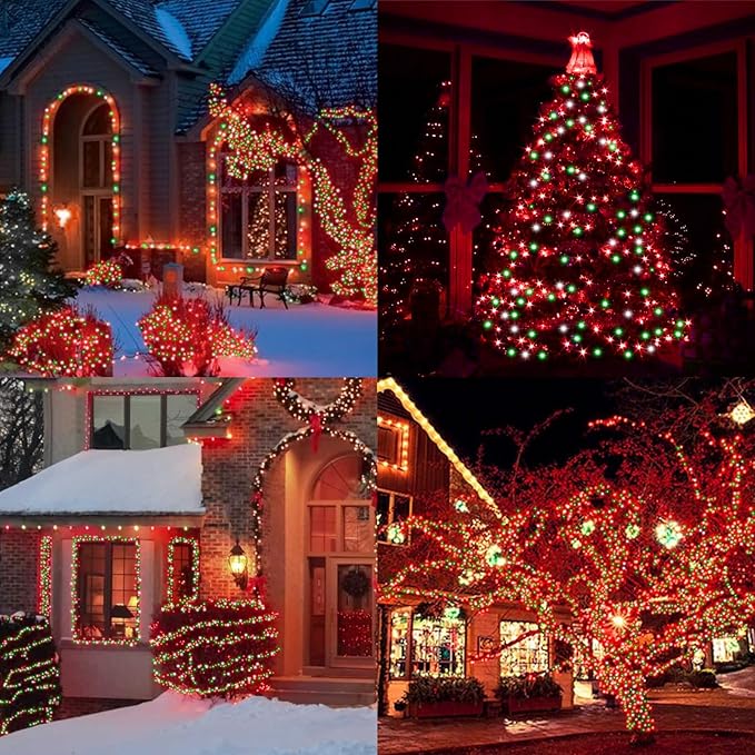 LAMPHOME Red Green White Christmas Mini Lights, 32.5FT 100 LED Clear Bulbs String Lights with 16 Light Modes, Fairy Lights Plug in for Outdoor Xmas Trees Garland Wreath Holiday Decorations