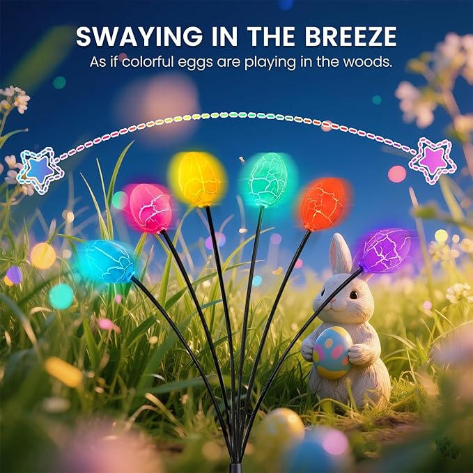 OZS 4 Pack Solar Easter Egg Lights, Colorful Garden Swaying Firefly Lights Outdoor, 24 Led Waterproof Solar Stake Lights for Lawn Trails, landscaped Yards, Porches and Patio Easter Decorations