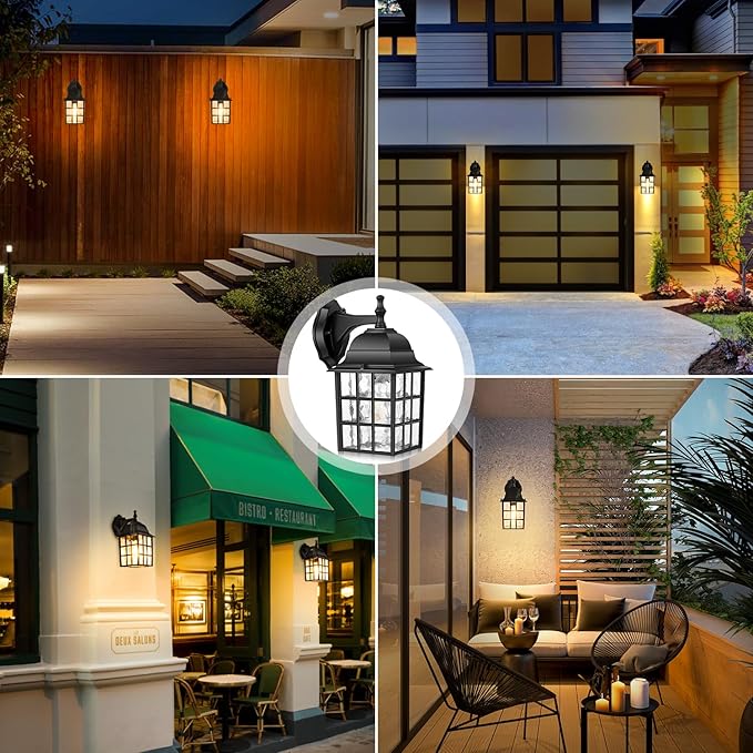 Brightever 2-Pack Dusk to Dawn Outdoor Wall Lantern, Exterior Light Fixtures with Photocell Sensor, Black Wall Light Waterproof, Waterfall Glass Outside Wall Sconce for Porch House Garage
