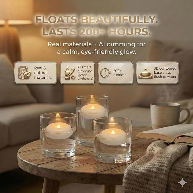 Aignis 6 Flameless LED Floating Candles, 3-Inch Plastic Battery Operated Tealights, Glow Time Over 200 Hours, Cozy Romantic White Light, Suitable for Pool/Bathtub/Hot Bath/Wedding Centerpiece Decor