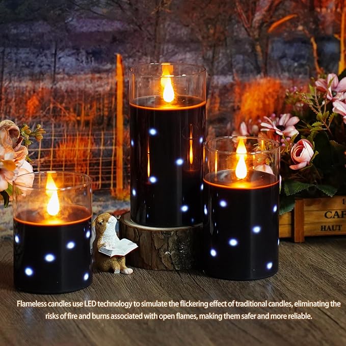 Real Wax Flameless Candles Glass,Battery Operated LED Candles with Flickering Flame,Glass Shell,Interior Star Light Decoration Set of 3 Black (D3×H 4" 5" 6") for Home Decor,Holiday Decoration