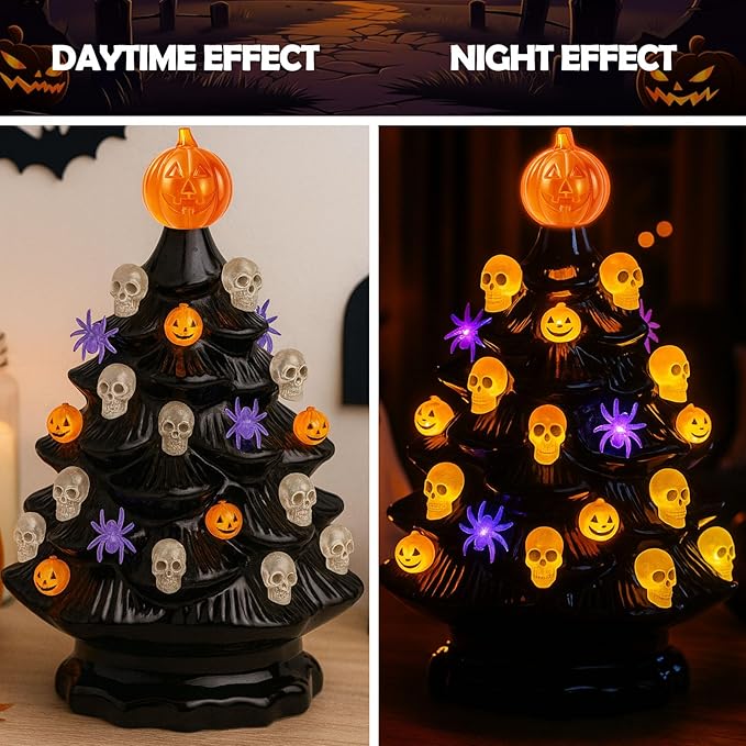 Halloween Ceramic Tree Replacement Light Bulbs Set, Halloween Themed, 117Pcs Skull/Pumpkin Head/Spider Ceramic Tree Replacement Bulbs and 1 Bat/Triple Pumpkin/Ghost Top Trim
