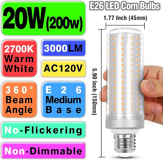 Big 1.77x 5.9 inch E26 Medium Base 200w Replacement LED Corn Bulbs, 2700K Warm White,3000 Lumen E26 E27 20W LED Candelabra Ceiling Fan Light Bulbs for Home Garage Warehouse Indoor, Non-dimmable,4 Pack